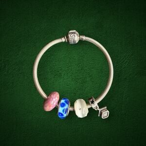 Sim Stars 925 Sterling Silver 6.5” Charm Bracelet Glass Beads Graduation Cap